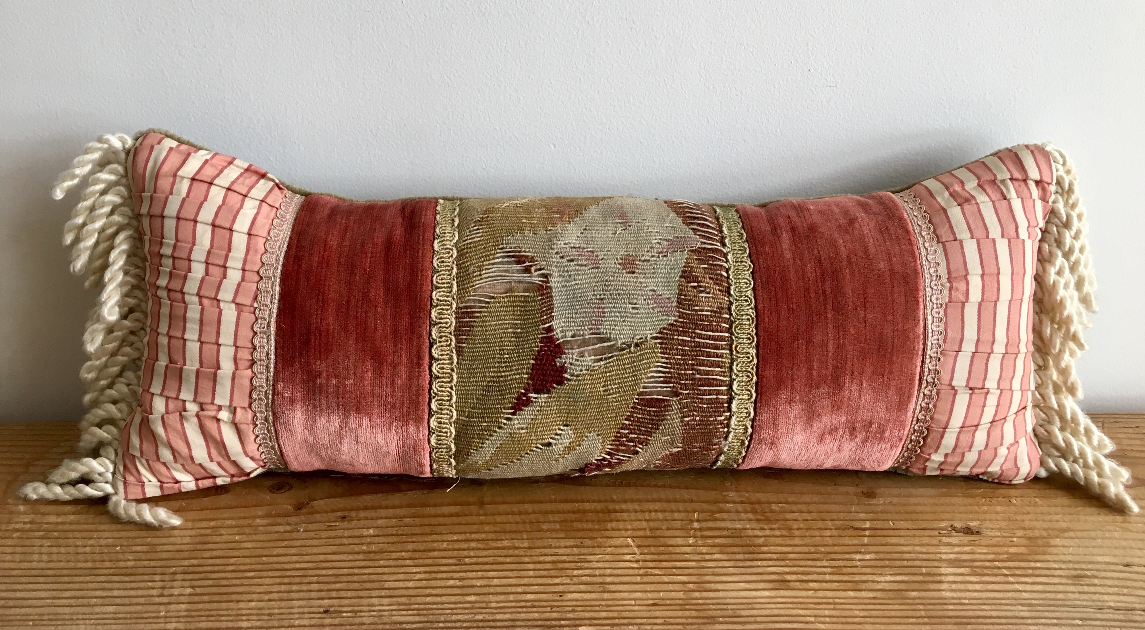 Velvet and Silk Bolster Pillow with Antique Abusson Tapestry Panel